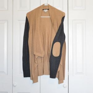 Waffle knit, tan, grey cardigan with elbow patches